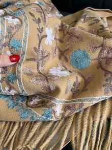 1pc Women's Autumn/Winter Faux Cashmere Embroidered Scarf, Thick Warm Tassel Embroidered Bohemian Style Travel Shawl Cape - Camel - View 3