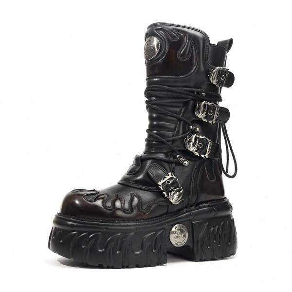 European & American Dark Punk Flame Thick Sole Boots Women Gothic Style Metal Tank Sole Platform Mid-Calf Motorcycle Boots