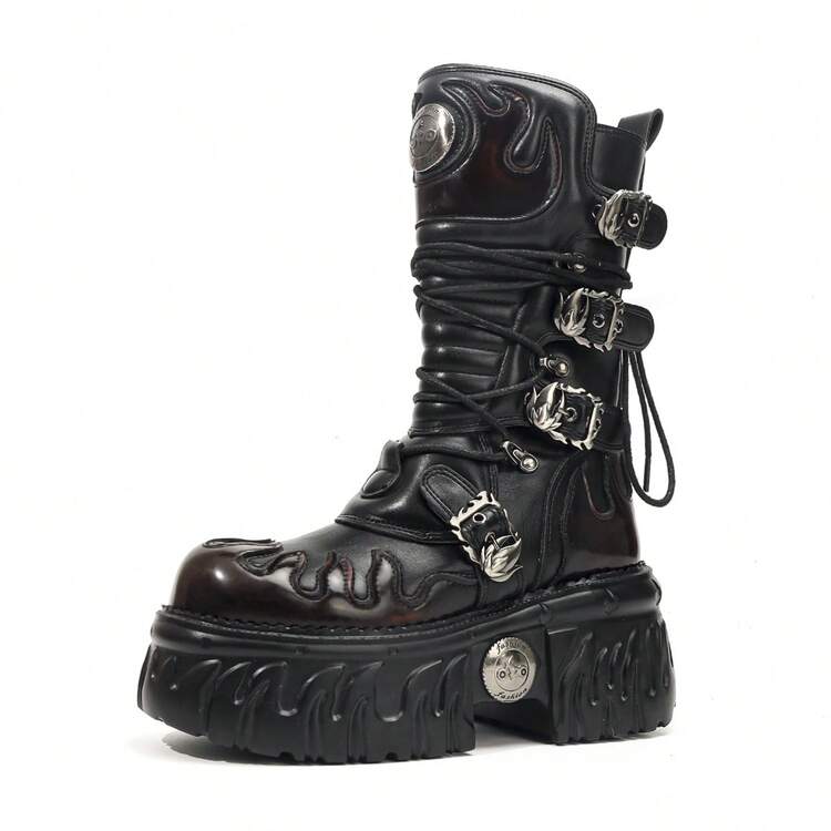 European & American Dark Punk Flame Thick Sole Boots Women Gothic Style Metal Tank Sole Platform Mid-Calf Motorcycle Boots - Black and Red - View 1