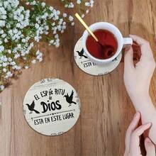 6pcs Round Wooden Coasters "The Spirit Of God Is Here" Spanish Religious Design With Dove Pattern, 4 Inch Heat Resistant Non-Slip Beverage Mats, Suitable For Office, Coffee Table Or Holiday Gift - Multicolor - View 3