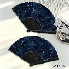 1pc Night Sky Constellation Line Kung Fu Fan, Black Ribs Satin Fabric, Minimalist Style Portable Cooling Hand Fan For Bedroom Decor - Multicolor - View 4