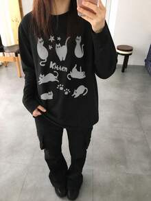 Y2K Millennium Style Women's Spring Autumn Loose Fit Versatile Cartoon Y Japanese Manga Cat Print Pattern Round Neck Fashion Casual Long Sleeve T-Shirt - Black - View 4