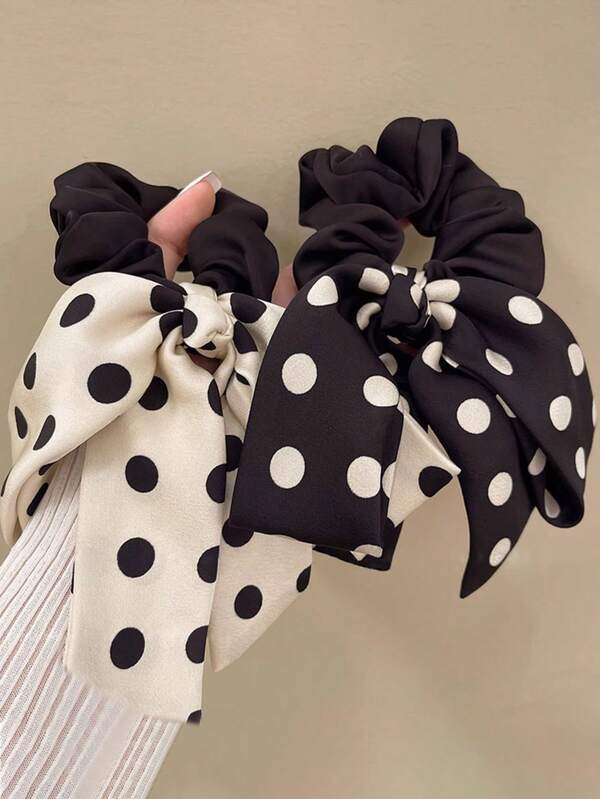 2pcs Women's Black & White Polka Dot Print Large Silky Satin Scrunchies, Fashionable Versatile Elegant Minimalist Hair Accessories, Suitable For Daily Wear, Casual, Party, Commute, Beach, Vacation, Ponytail, Bun, Face Washing, Bathing, Makeup, Outfit Matching, Hair Ties, Hair Accessories