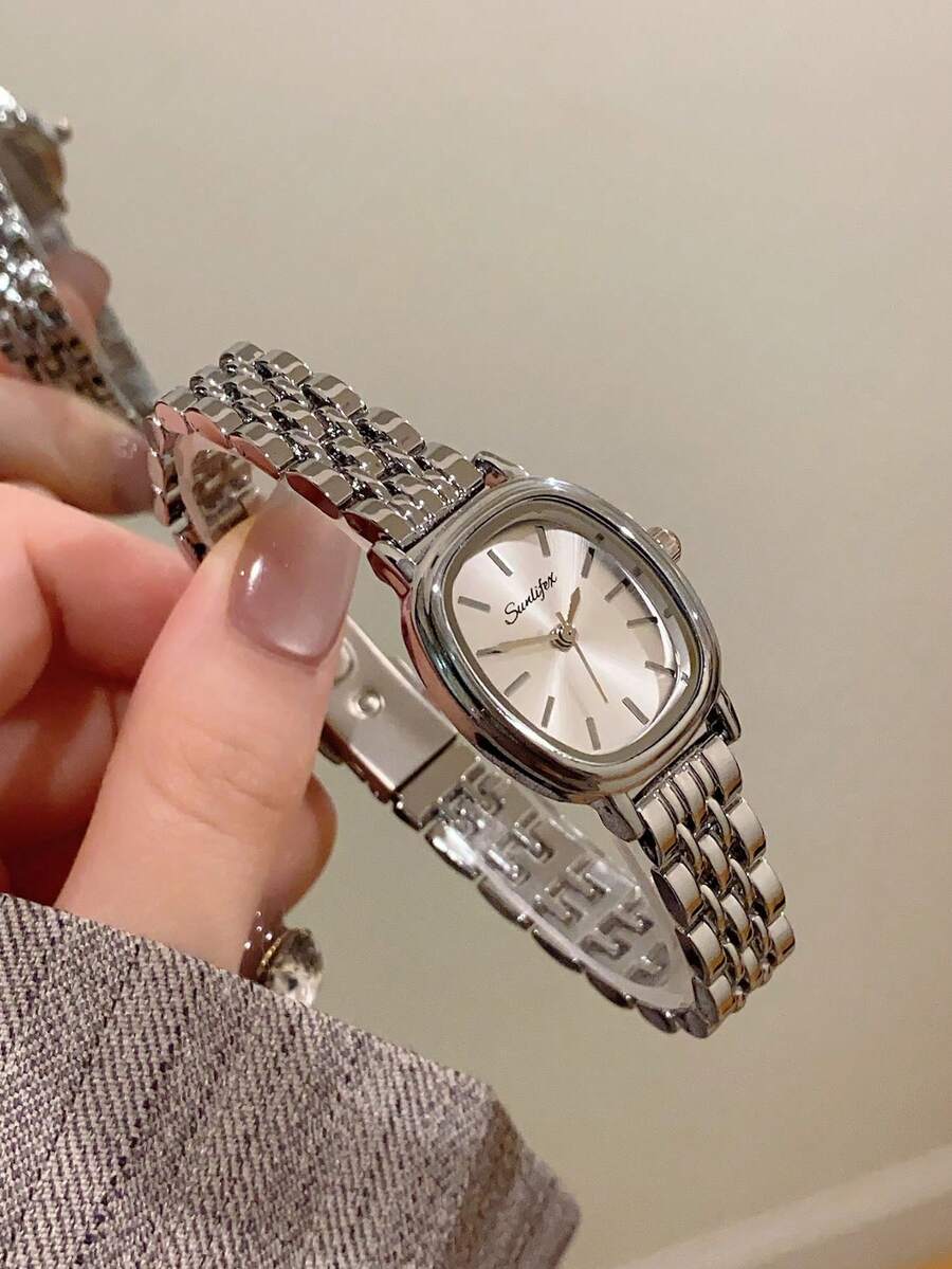 1pc Oval Vintage Style Gold Bamboo Strap Quartz Women's Watch, Elegant And Exquisite, Suitable For Daily Wear, Birthday Gift, Party - Silver - View 1