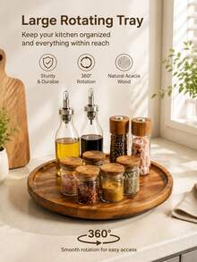 360° Rotating Kitchen Spice Rack, Kitchen Storage And Organization, Kitchen Accessories, Round Turntable, Wooden Tray, Spice Container, Kitchen Storage Utensils, Kitchen Decor, Turntable, Rotating Wooden Tray, Suitable For Kitchen Cabinets And Storage Cabinets, Housewarming Gift, New Year, Graduation, Birthday Gift - Camel - View 2