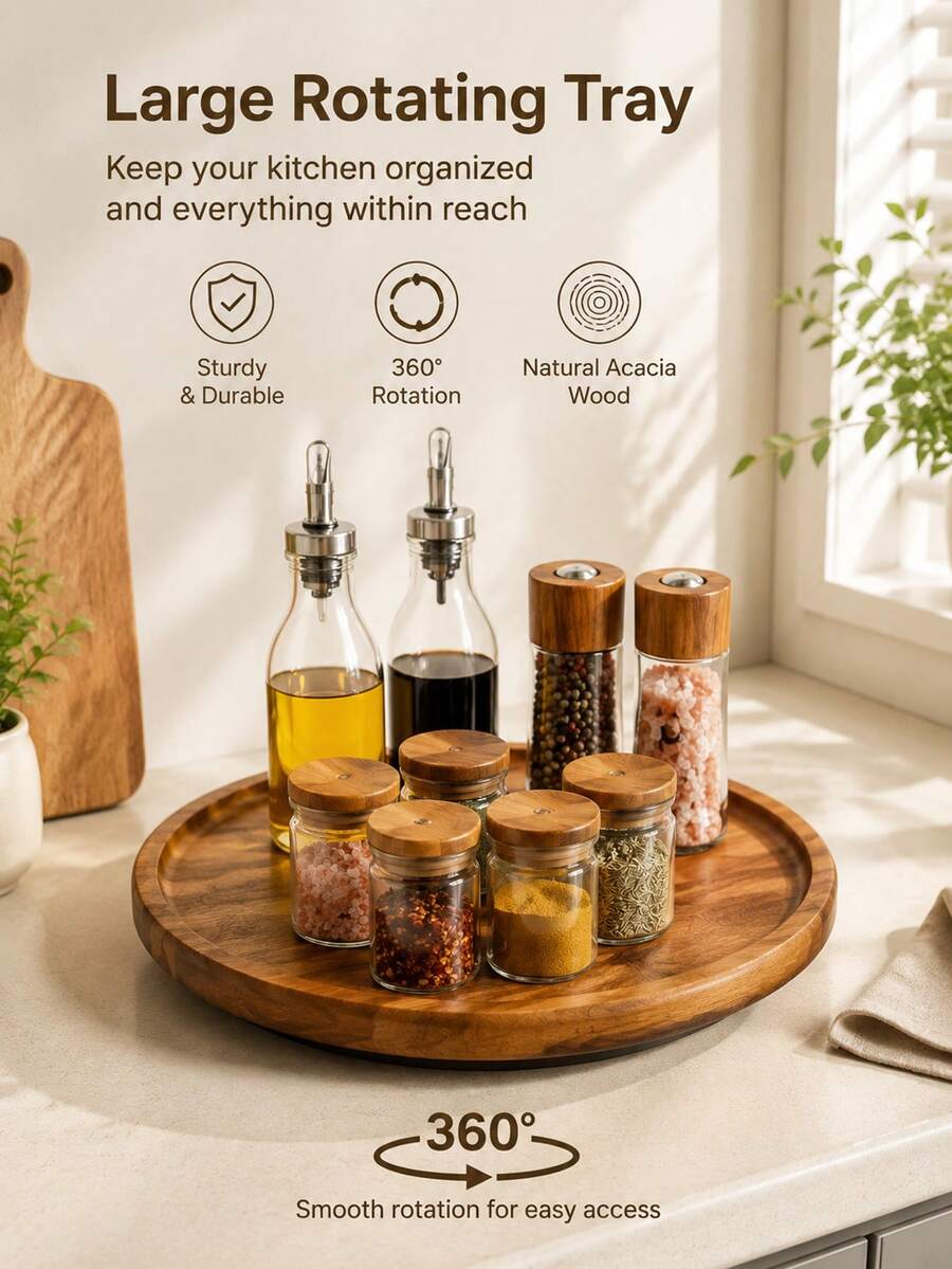 360° Rotating Kitchen Spice Rack, Kitchen Storage And Organization, Kitchen Accessories, Round Turntable, Wooden Tray, Spice Container, Kitchen Storage Utensils, Kitchen Decor, Turntable, Rotating Wooden Tray, Suitable For Kitchen Cabinets And Storage Cabinets, Housewarming Gift, New Year, Graduation, Birthday Gift