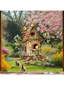 Watercolor Healing Fairy Tale Forest Treehouse Static Window Sticker, Cute Birds, Colorful Butterflies, Wildflowers, Green Vines, Cozy Natural Home Bedroom Window Decorative Decal - Watercolor Healing Wonderland Forest - View 6