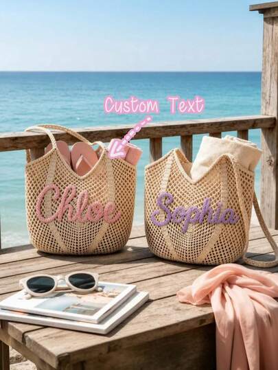 Personalized Beach Tote Bag, Customized Name Crochet Beach Bag, Bridesmaid Gift, Wedding Favor, Vacation Bag, Gift For Her, Woven Beach Tote Bag