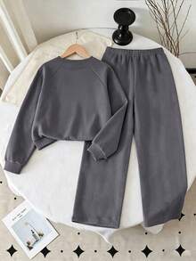 Tween Girl Digital Pattern Print Crew Neck Sweatshirt And Bow Decor Long Pants - Dark Grey - View 2