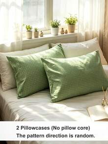 2pcs/Set, Green Small Plaid, Solid Color Japanese Minimalist Style, Super Soft, Breathable, Suitable For All Seasons, Simple And Fashionable, Casual Daily Life, All Season Men's Pillowcase, Pillow Core Not Included, Bedding, Hotel, Home Decor, Japanese Size: Single Bed, Double Bed, Queen Bed, King Bed - Green - View 2