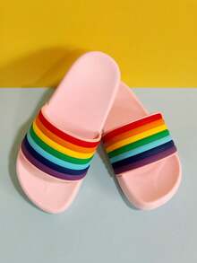 1 Pair Children's Multi-Color Patchwork Minimalist Flat Slippers, Suitable For Indoor/Outdoor Wear, Pool, Beach, Vacation, Summer - Pink - View 3