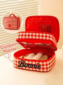 Personalized Embroidered Name Custom PVC Checkerboard Pattern Toiletry Bag, Women's Travel Makeup Organizer, Portable Large Capacity Cosmetic Bag, Birthday Bridesmaid Gift, 3 Colors Available - Multicolor - View 1