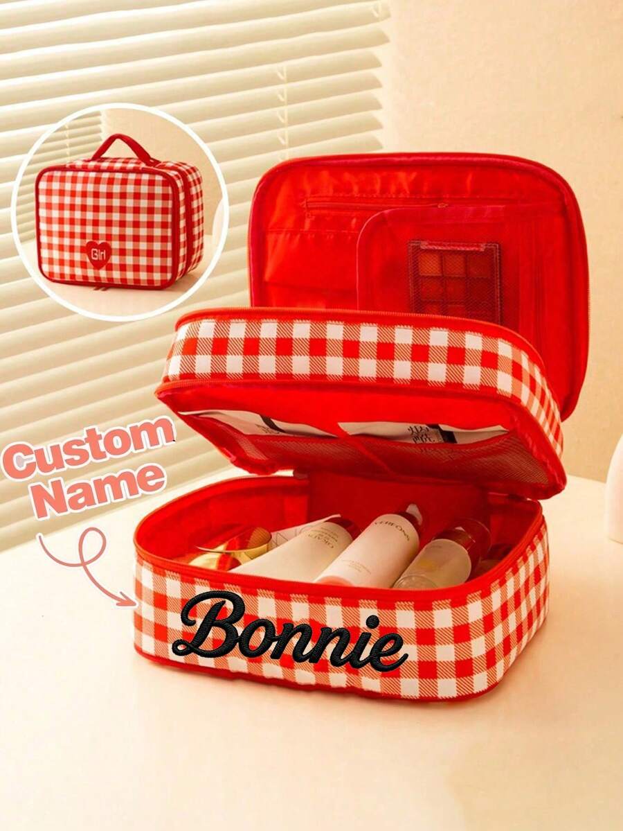Personalized Embroidered Name Custom PVC Checkerboard Pattern Toiletry Bag, Women's Travel Makeup Organizer, Portable Large Capacity Cosmetic Bag, Birthday Bridesmaid Gift, 3 Colors Available - Multicolor - View 1