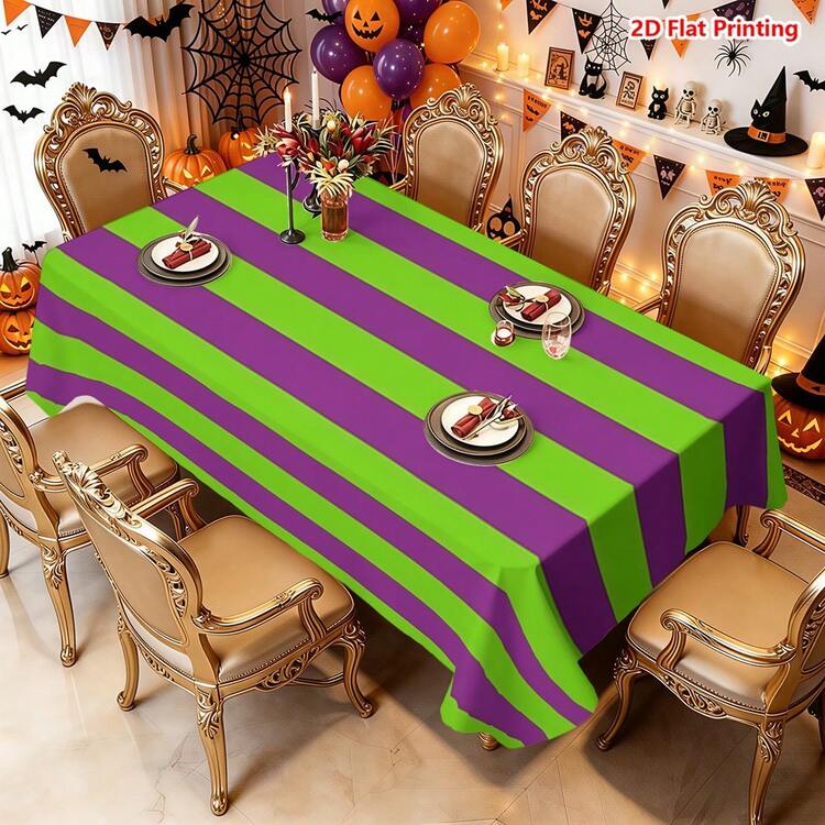 1/2pcs Halloween Tablecloth, Bright Green & Deep Purple Alternating Striped Polyester Fabric Tablecloth, Suitable For Dining Room, Dining Table, Coffee Table, Kitchen, Picnic, Camping, Country Farmhouse Decor And Halloween Holiday Setup, Combines Tabletop Protection And Style Accent - Multicolor - View 5