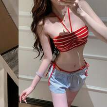 女性用ビキニ水着3点セット、リゾート向けセクシーなストライプショートパンツ、温泉ビーチ水着 - 赤(ショートパンツ付き) - チェックする 2