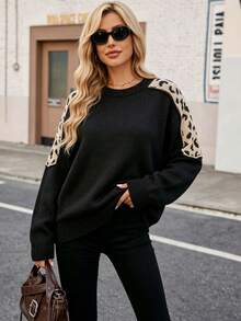 Women's Beige & Black Leopard Print Raglan Sleeve Crew Neck Cozy Thermal Pullover For Fall Winter Casual Comfort Essential, Back To School - Black - View 10