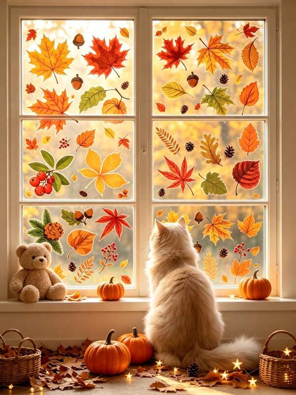 56pcs/6sheets - Thanksgiving Maple Leaf Glass Stickers, Back To School, College Decor, Campus Decor, Autumn Maple Leaf Acorn Window Decals, Autumn Maple Leaf Double-Sided Static Cling Stickers, Suitable For Glass Windows, Thanksgiving Decor, Autumn Maple Leaf Acorn Window Decals, Thanksgiving Window Decals, Home, Office, Store, School, Classroom Decor