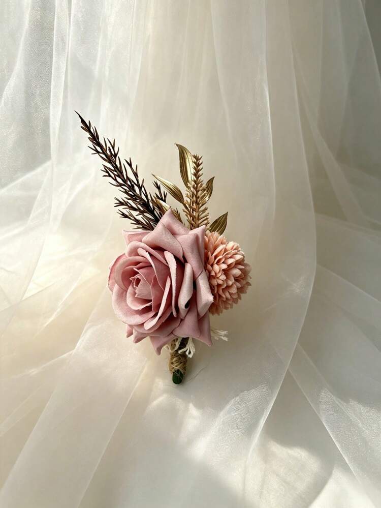 1pc/6pcs Deep Pink Rose With Orange Daisy Artificial Flower Corsage, Premium Wedding Decoration For Groom And Bride, Suitable For Evening Party, Ball, Event, Party, Campus Celebration - Dark Pink - View 3