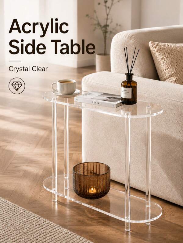 2-Tier Transparent Acrylic Side Table, Clear Nightstand, Narrow Sofa Side Table, Modern Minimalist Living Room End Table, Small Coffee Table, Open Storage Shelf, Display Rack, Bedside Storage Cabinet, Suitable For Bedroom, Living Room, Dorm, Apartment, Office, Reading Nook, Home Decor