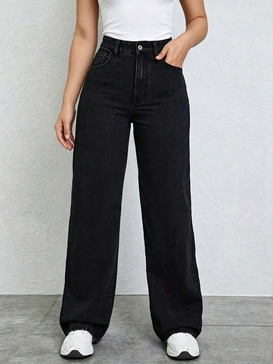 Jeans negros de pierna recta para adolescentes - Negro - Ver 1