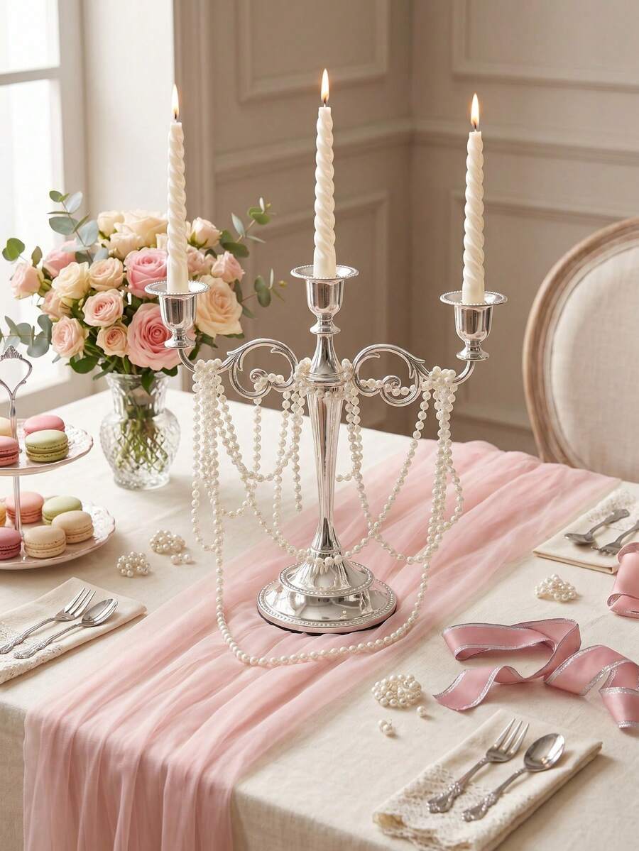 1pc European Style 3-Head Decorative Candle Holder, Wedding Candlelight Dinner, Hotel Home Decor - Silver - View 1