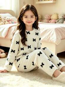 2pcs/Set White Ribbed Bowknot Autumn/Winter Mid-Large Girls Pajama Set, Flannel Long Sleeve Top And Pants Casual Loungewear, Suitable For Home And Outings - White - View 4