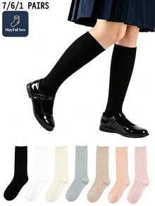 7/6/1 Pair Kids Unisex Knee-High Socks, Soft Uniform Dress Socks, Black & White, Suitable For Autumn/Winter Daily Wear, Back To School Season - Multicolor - View 1