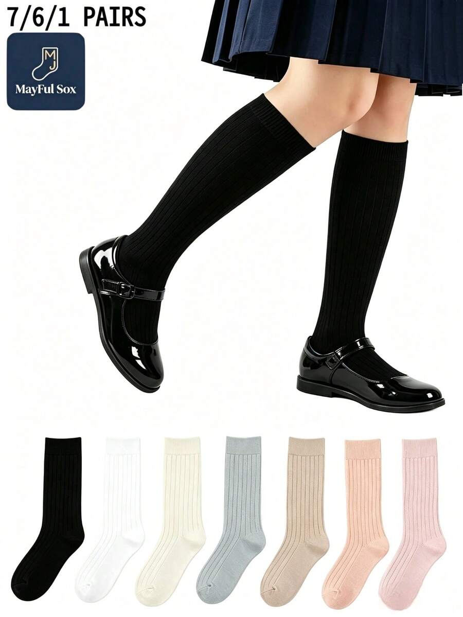 7/6/1 Pair Kids Unisex Knee-High Socks, Soft Uniform Dress Socks, Black & White, Suitable For Autumn/Winter Daily Wear, Back To School Season - Multicolor - View 1