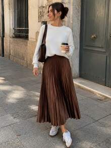 Women's Brown Ruffle Hem Pleated Midi Skirt, Summer Casual - Coffee Brown - View 2
