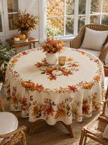 1pc Autumn Pumpkin Round Tablecloth, Polyester Circular Table Cover With Maple Leaves, Harvest Floral Print And Rustic Farmhouse Style For Dining Table, Kitchen Decor, Thanksgiving Dinner, Fall Party And Seasonal Home Decoration - Multicolor - View 7