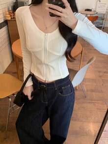 Fashion Y2K Slim Fit Street Style Women's Long Sleeve Top, Spring/Autumn, Retro Casual, Pure White, Short Cropped Tight Fit Large Scoop Neck Double Front Zipper Body-Contouring Split Seam Design - White - View 6