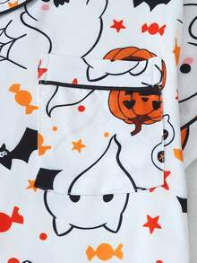 2pcs Halloween Ghost & Pumpkin Print Short Sleeve Collared Top And Bow Shorts Women's Pajama Set Loungewear - White - View 4