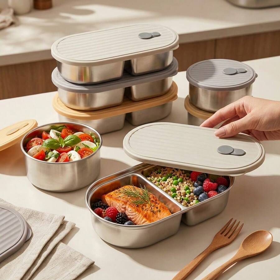 Portable 304 Stainless Steel Lunch Box With Lid, Divided Fruit Salad Food Storage Container, Leak Proof Bento Box, Dishwasher & Microwave Allowable, Suitable For Student Adult Use In School, Office, Outdoor Camping, Picnic,Travel, Back To School - Multicolor - View 1