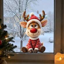 Xmas Window Decor 1/3Pcs Cute Teddy Bear Snowman Reindeer Static Window Stickers, Knit Hat Scarf Design, Reusable No Adhesive Glass Decals, Home Store Holiday Display Decor Gift - Multicolor - View 8