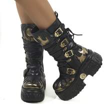 European And American Dark Punk Flame Thick Sole Boots Women Gothic Style Metal Tank Sole Platform Mid-Calf Motorcycle Boots - Black Gold - View 4