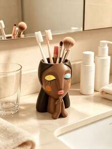 1pc Bohemian Abstract Praying Woman Face Makeup Brush Holder, Resin Makeup Brush Storage Cup, Multi-Functional Pen Holder, Vanity Bathroom Desktop Decor Storage Can, Unique Artistic Home Decor Women Gift - Multicolor - View 2