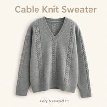 Women's Cable Knit V-Neck Sweater, Long Sleeve Regular Fit Knit Top, Medium Stretch Fabric, Fashion Solid Color Pullover - Grey - View 6