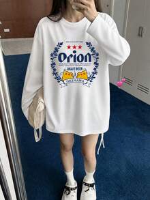 Y2K 美式復古新款女款圓領 Orion Beer 印花休閒百搭可愛女孩寬鬆長袖 T-shirt 上衣 白色 - 白色 - 查看 4