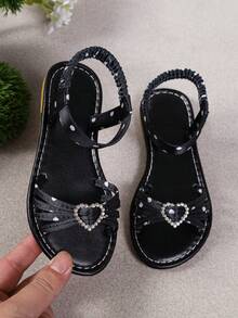 A Pair Of Black Polka-Dot Flat Sandals For Girls, Heart Rhinestone Shoes For Girls, Suitable For Daily Outings And Beach Trips - Black - View 6
