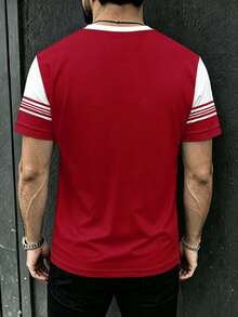 Kaos Lengan Pendek Garis-Garis Merah & Putih Pria, Pakaian Olahraga Kasual untuk Musim Panas - MultiWarna - View 4