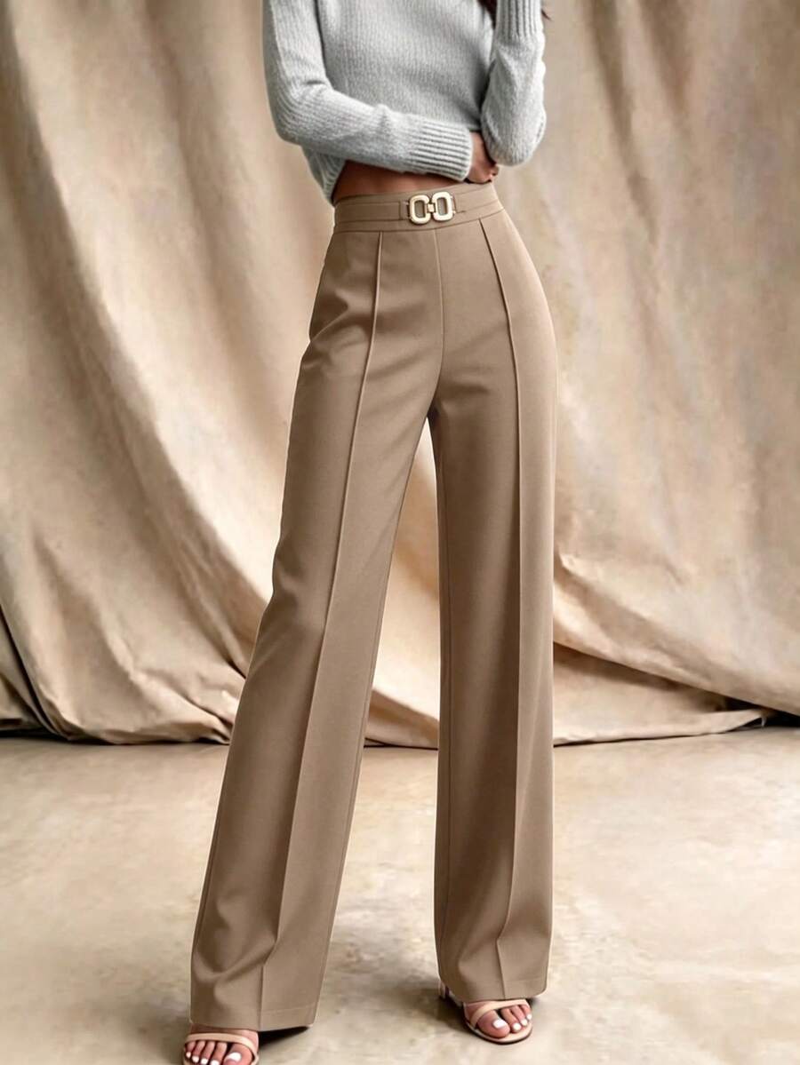 Pantalones de cintura alta para mujer, diseño elegante, adecuados para el trabajo, los negocios, el casual, adelgazantes, versátiles, para primavera/verano - Caqui - Ver 1