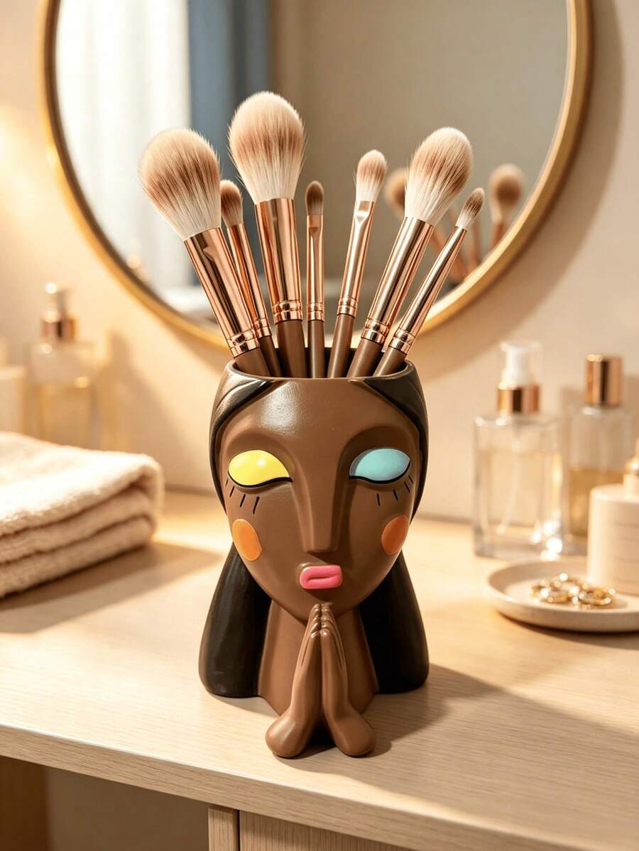 1pc Bohemian Abstract Praying Woman Face Makeup Brush Holder, Resin Makeup Brush Storage Cup, Multi-Functional Pen Holder, Vanity Bathroom Desktop Decor Storage Can, Unique Artistic Home Decor Women Gift - Multicolor - View 1