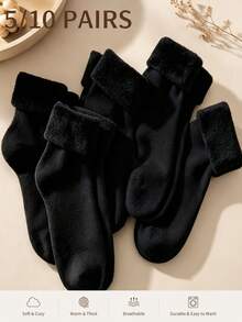 1/3/5/10 Pairs Solid Color Thermal Lined Thick Mid-Calf Socks, Thick Terry Warm Socks, Autumn/Winter Casual Home Sleep Floor Socks - Black - View 1