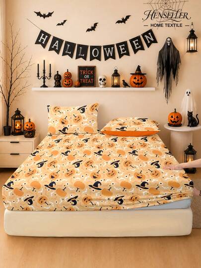 1pc Halloween & Thanksgiving Ghost Pumpkin Print Fitted Sheet, Quiet And Non-Slip, Machine Washable, Durable, Easy Care, All-Season Bedding For Multiple Bed Sizes, Home, Dorm, Apartment, Guest Room, Rentals, Bedroom Decor & Holiday Gifts