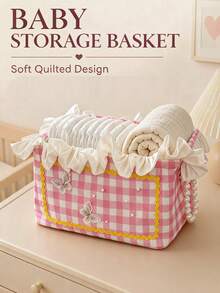 1pc Rectangular Baby Room Storage Basket, Lattice Lace Decor, Used For Storing Baby Bottles, Diapers And Wet Wipes Storage Box - Multicolor - View 1