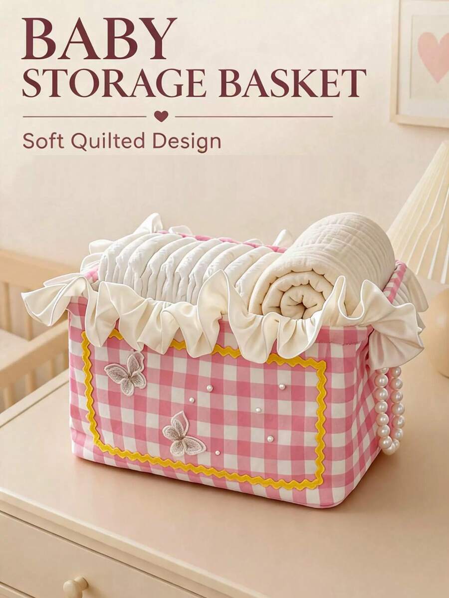 1pc Rectangular Baby Room Storage Basket, Lattice Lace Decor, Used For Storing Baby Bottles, Diapers And Wet Wipes Storage Box - Multicolor - View 1