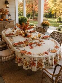 1pc Autumn Pumpkin Round Tablecloth, Polyester Circular Table Cover With Maple Leaves, Harvest Floral Print And Rustic Farmhouse Style For Dining Table, Kitchen Decor, Thanksgiving Dinner, Fall Party And Seasonal Home Decoration - Multicolor - View 5
