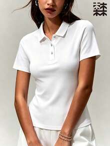 mulinsen 女款純色 Polo 領短袖襯衫，休閒運動日常夏季長袖上衣 - 月光白 - 查看 2