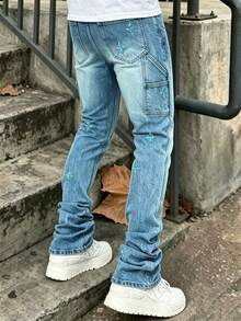 Men's Stretch Washed Denim Jeans With Embroidery And Slanted Pocket Design - Light Wash - View 3