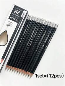 12 Black Pencils With Erasers And 1 Pencil Sharpener, Designed For Students' Learning, Exams, Drawing And Sketching, Student Stationery Pencil Set, Back To School Supplies - Multicolor - View 9